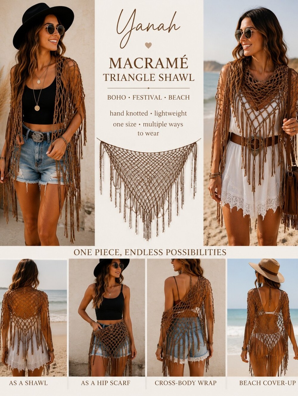 Yanah Boho Macramé Triangle Shawl Fringe Wrap Festival Beach Cover-Up One Size